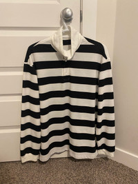 White & Black Striped Polo Neck Pullover