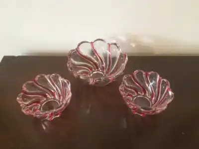 I believe these are a Set of MIKASA Red Peppermint Swirl Glass Candy, Trinket, Nut Bowls/Dishes Clea...