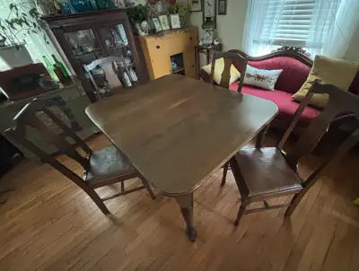 Antique dining table and four chairs, View more