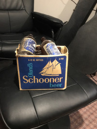 Vintage schooner beer bottles with case