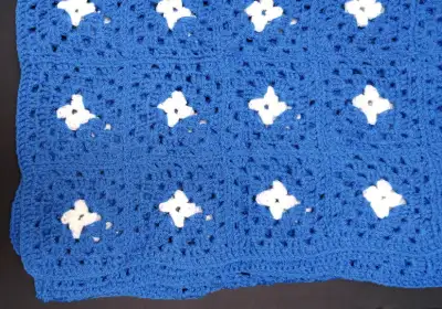 New sky blue & white 68 x 54-inch hand-crocheted afghan blanket, View more