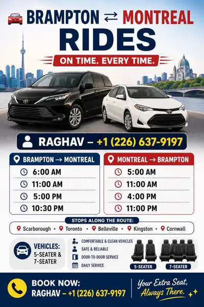 Brampton to Montreal Rides Service, View more