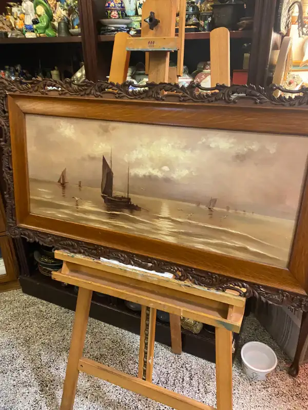 ANTIQUE WOOD OPENWORK FRAME DANISH OIL ON CANVAS PAINTING SEA. in Arts & Collectibles in Vancouver - Image 7