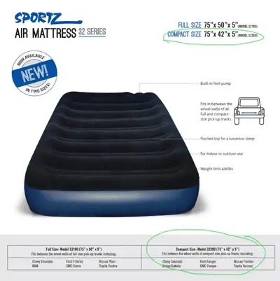 Napier Outdoors Sportz Air Mattress. Compact size (75”x42”x5”), designed to fit in box of compact tr...