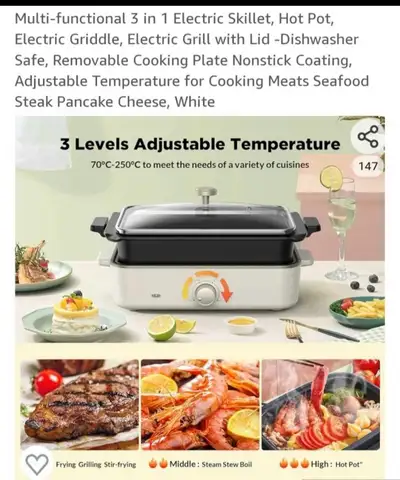 Multi-functional 3 in 1 Electric Skillet, Hot Pot, Electric Grid, View more