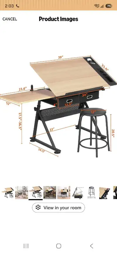 Great drafting table, i used it for puzzles No stool Pick up only Measurements in the picture