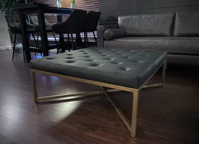 Black large Ottoman or Coffee Table : tufted leather + metal, View more