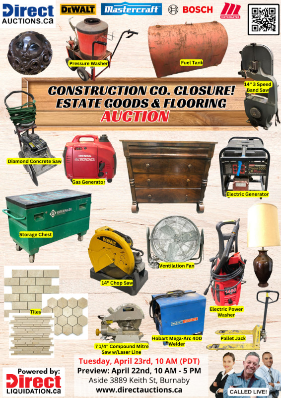CONSTRUCTION CO. CLOSURE! ESTATE GOODS & FLOORING AUCTION in Floors & Walls in Burnaby/New Westminster