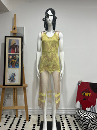 Long Mesh Yellow Lace Dress (High Slit) 