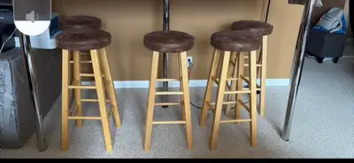 5 Wooden Bar Stools Brown Leather seats, View more