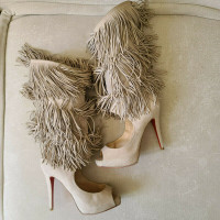 Christian Louboutin Tina Fringe, Peep Toe, Tan Suede Boots - 37