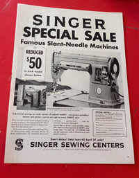 VINTAGE 1958 SINGER SEWING MACHINES SALE ORIGINAL AD - AFFICHE