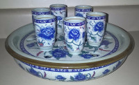 Chinese Blue and Grey Porcelain Double Deck Tray with 6 Cups