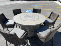 Outdoor patio bar height fire table dining set with 6 chairs 