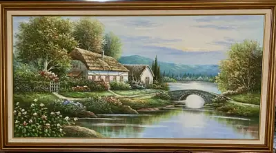 Original Signed Acrylic Oil Painting by B.Trapp – Serene English Cottage and Stone Bridge Landscape,...