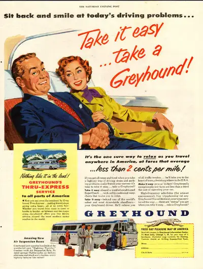 Large 1953 color magazine ad for Greyhound Bus Lines, View more
