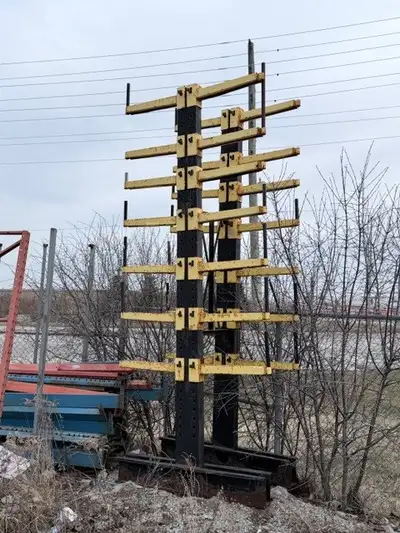Heavy-duty structural steel cantilever racking for sale. Great for storing lumber, steel, pipe, or l...