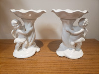 2 Ceramic Cherub Angel Candle Holders For Valentine's Day.