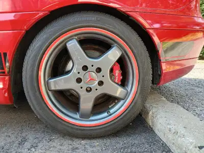 Dark Grey Gloss Finish OEM AMG Rims Red Sticker Custom (Removable) Comes with the tires: 4x Continen...