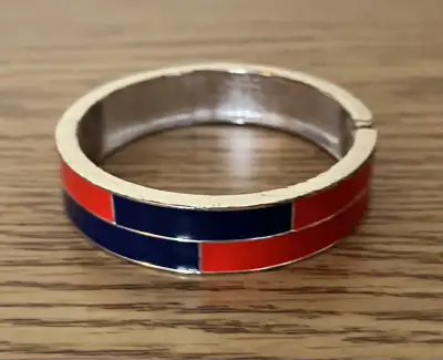 Vintage Red White and Blue Enamel Bangle Hinged Cuff Bracelet,, View more