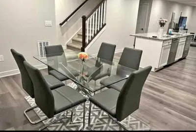 MUST GO ASAPRectangular Glass Dining Table With 6 Leather brand , View more