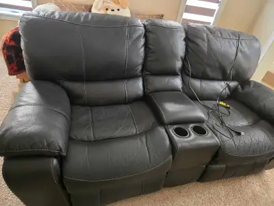 Black Two Seat Recliner Synthetic Leather with Console, View more