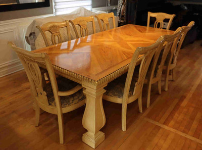 Spacious wooden dining table featuring 8 seats 
