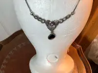 Vt Art Deco St Silver Bib Necklace Black Onyx Amethyst Marcasite