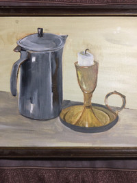 Unsigned oil painting candlestick and coffee pot