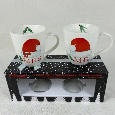 NEW! Pfaltzgraff Porcelain Mr. & Mrs. Santa Hat Mugs (Set of 2), View more