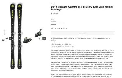 Blizzard Quattro 8.4 Snow Skis with Marker Bindings Including poles and a bag.