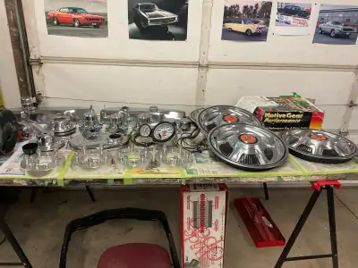 Mopar parts, rear end gears, many chrome pieces, gauges, and accessories