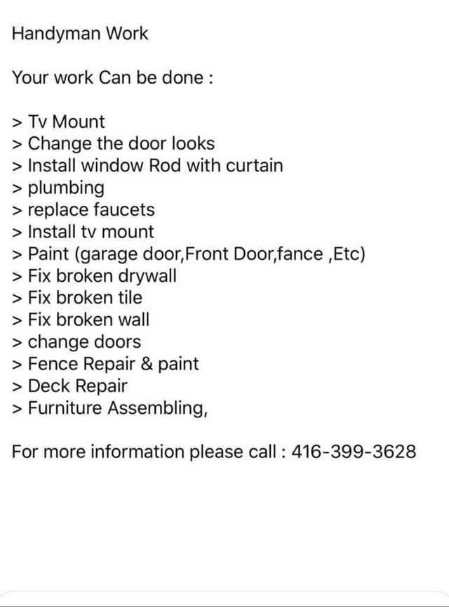 Handy man (416-399-3628) in Renovations, General Contracting & Handyman in Mississauga / Peel Region - Image 2