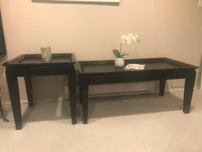 Black wood rectangular coffee table & square end table, View more