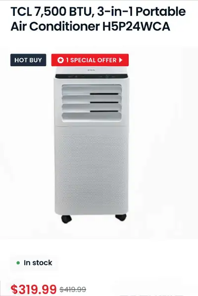 TCL 7,500 BTU ashare 5000 BTU, 3-in-1 Portable Air Conditioner, View more