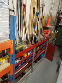 Red metal tool storage shelves