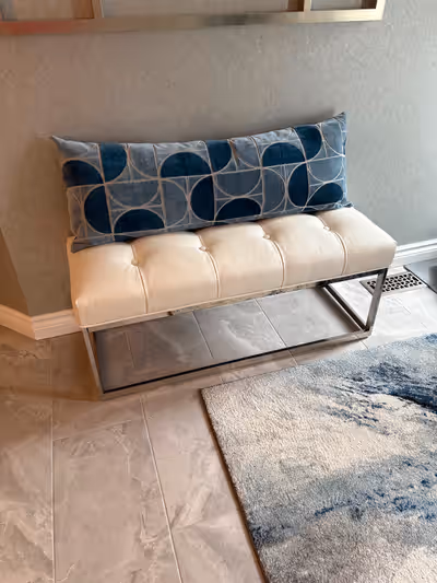 Custom ordered and made decor cushion made for entryway bench. Very high end fabric in navy blue and...