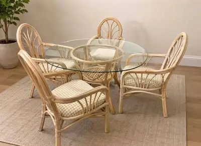 5-Piece Bamboo Rattan Dining Set with Round Glass Top Table, View more