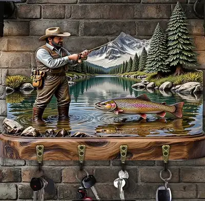 *NEW* 2-D FLAT WOODEN PANEL FISHERMAN KEYCHAIN HOLDER, View more