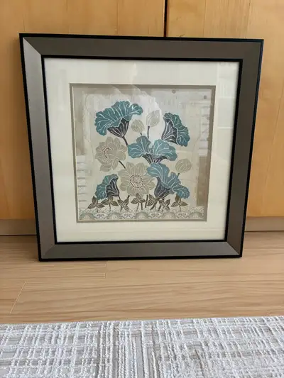 Framed art print featuring a floral design. - ready to hang - measures 19 inches by 19 inches. - Mad...