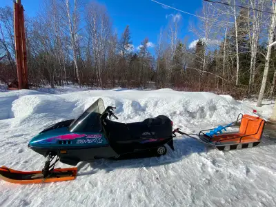 $1500 OBO - 1993 Skidoo Safari Twin 377, Harber Craft Sleigh, and Mora Ice Auger package for sale. S...