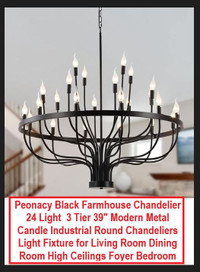 NEW Peonacy Black Farmhouse Round Chandelier 24 light 3 Tier 39”
