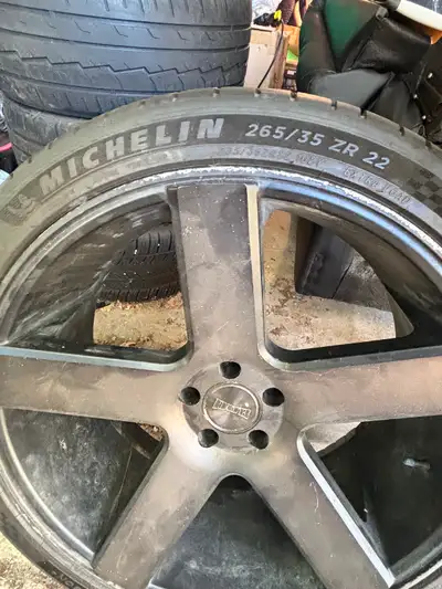 2 tires have 1500 Kms. 2 about 40,000 Kms. Will fit Chrysler 300 or Dodge Challenger Rims have some...