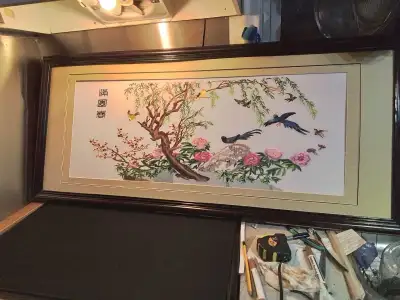 framed Chinese vintage silk hand embroidery panel, View more