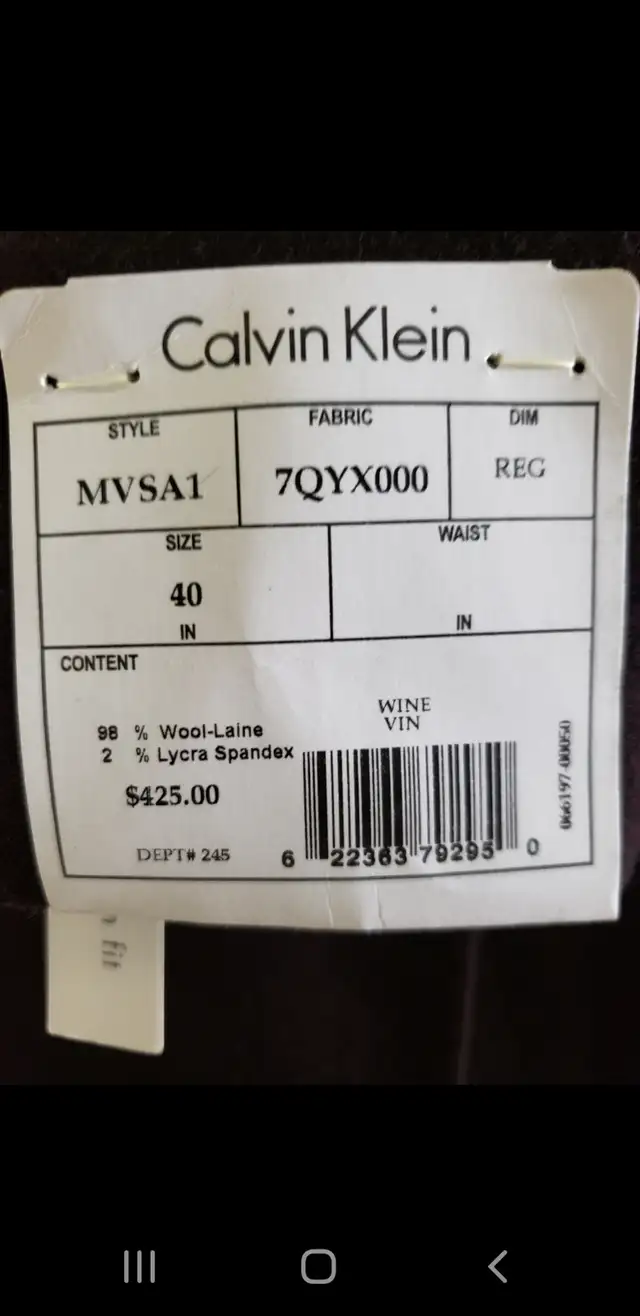 SUIT MENS BRAND NEW CALVIN KLEIN62863259180418124