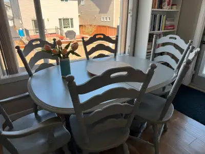 Solid oak table 2 extensions six chairs, View more