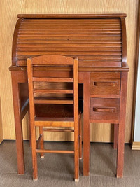 Antique CHILD-SIZED SOLID WOOD ROLL TOP DESK + CHAIR