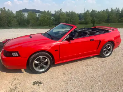 For sale: 2000 Ford Mustang GT Convertible – a classic American muscle car with a bold red exterior...
