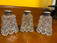 Vintage Three Cut Crystal Salt & Pepper Shakers with Button Tops