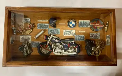 Motorcycle Wooden Shadow Box, Featuring Harley Davidson, BMW and Scott Motorcycles. Sorry for the gl...